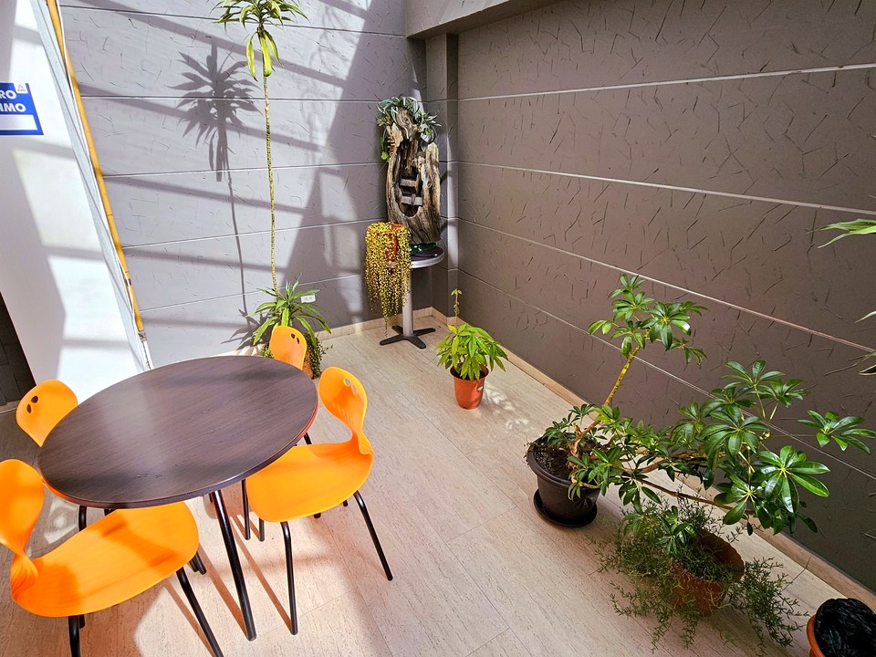 Comedor del Hotel Avanty con mesas, sillas naranjas y plantas